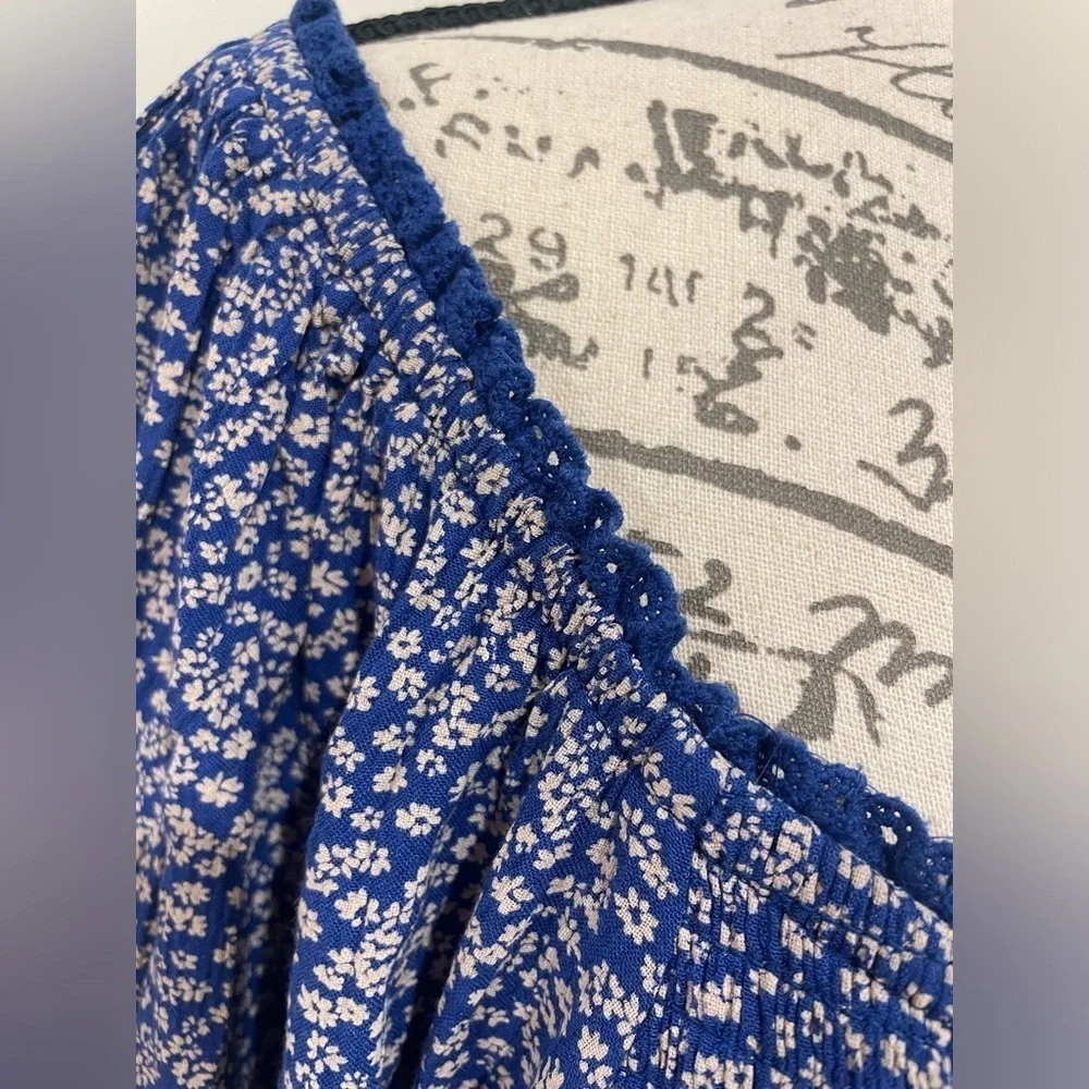 Blue Floral Smocked Peplum Blouse | 100% Viscose Size XS